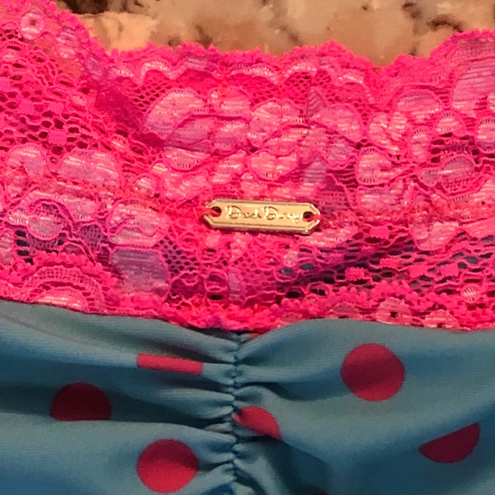 Beach Bunny Aqua Polka Dot Bikini with Hot Pink Lace Trim - Picture 3 of 8
